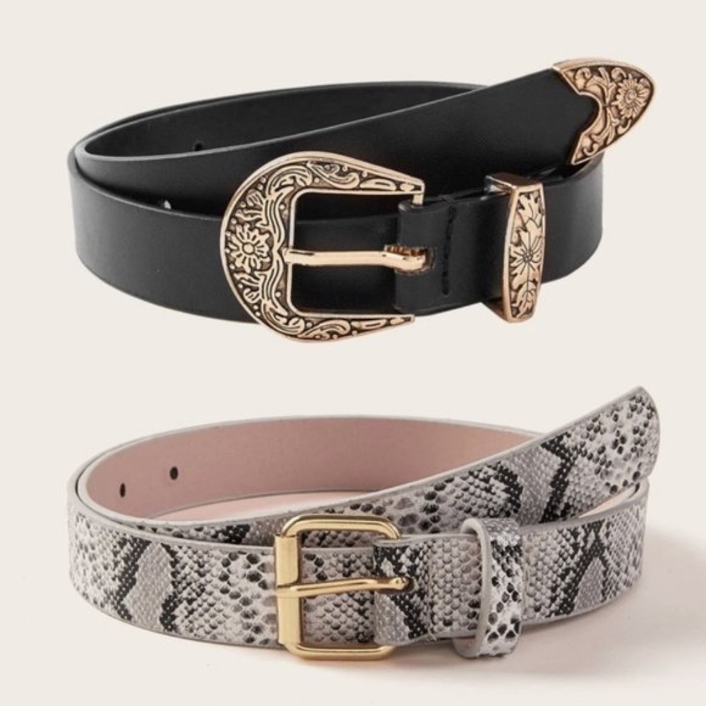 Western buckle Vegan Leather Snakeskin Print Belt Set - Picture 1 of 4